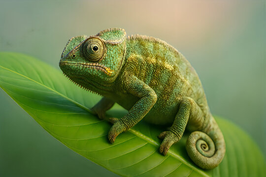 Green chameleon on branch close-up wildlife reptile camouflage nature