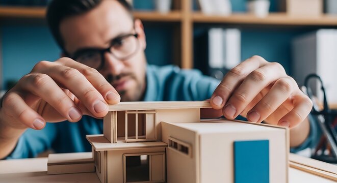 Man focused on building wooden model home, hands aligning tiny roof piece