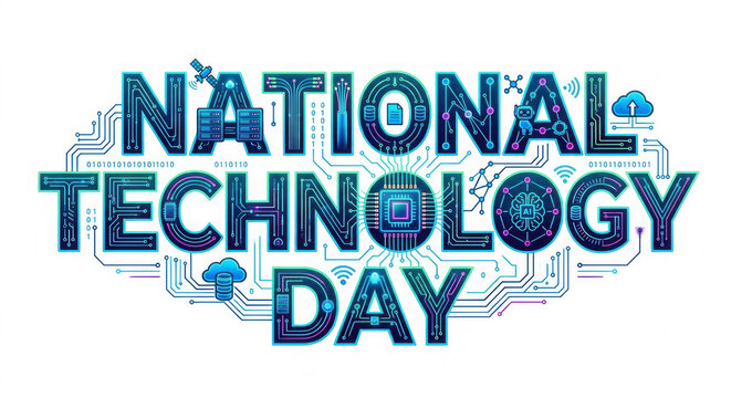 National Technology Day creative typography with AI circuit design and modern digital background