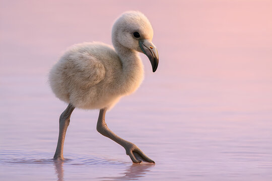 A graceful pink flamingo stands in the lake's reflection, joining a white mute swan and a young cygnet as they swim through the calm nature of the wild pond