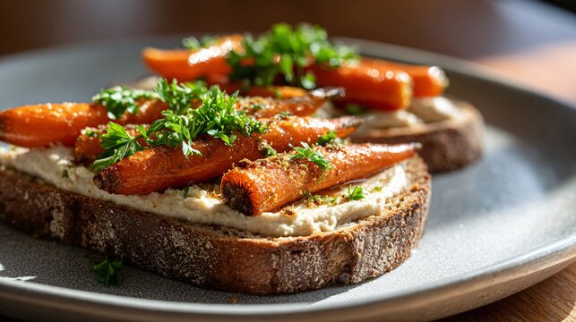 Toasted whole-grain bread topped with creamy hummus, roasted carrots, cumin sprinkle, and parsley garnish, plated on ceramic with warm morning sunlight