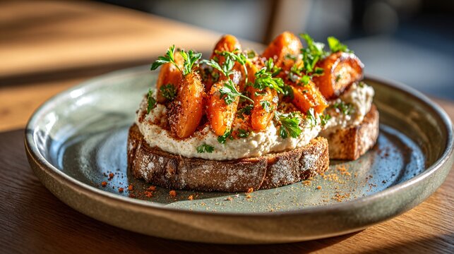 Toasted whole-grain bread topped with creamy hummus, roasted carrots, cumin sprinkle, and parsley garnish, plated on ceramic with warm morning sunlight