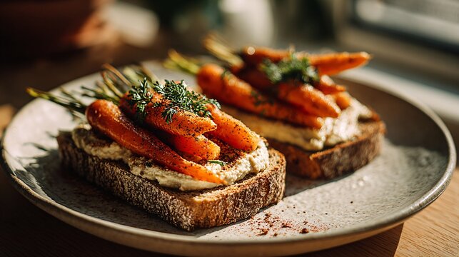 Toasted whole-grain bread topped with creamy hummus, roasted carrots, cumin sprinkle, and parsley garnish, plated on ceramic with warm morning sunlight