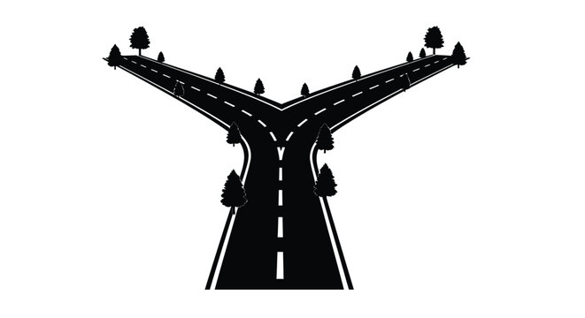 A diverging road splits into two paths lined with silhouetted trees