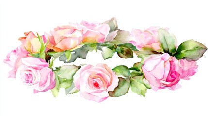 Fototapeta premium diffused. A delicate floral wreath of pink roses, beautifully isolated on a pure white background. gardening catalogs, home-decor guides, designed for gardening and botanical catalogs. 