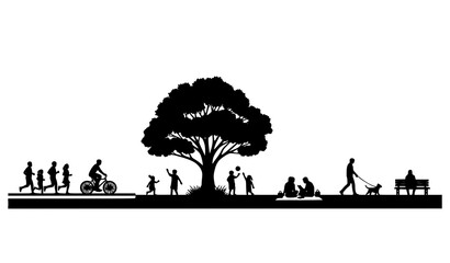 Naklejka premium Outdoor park silhouette banner with families and activities around large tree lifestyle vector design