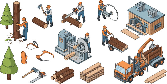 Isometric vector illustration set featuring professional lumberjacks working with industrial logging equipment timber processing machinery and heavy transport trucks