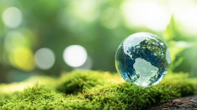 geography. An earth globe nestled among natural greenery, symbolizing environmental themes and ecological concepts. ESG reports.

