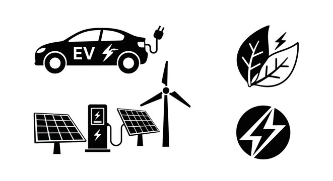 Renewable Energy Icons Set &ndash; Electric Vehicle, Solar Panel, and Wind Power Graphics