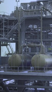 Two large storage tanks stand on a platform within an industrial facility. Piping systems and staircases connect various parts of the structure. The scene suggests a busy environment.