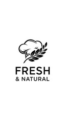 Fototapeta premium Minimalist Black and White Logo - Chef Hat with Laurel Branch and Fresh Natural Text.