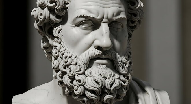 Majestic Marble Bust of Ancient Greek Philosopher with Intricate Beard and Intense Gaze.