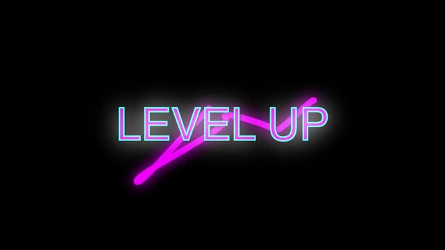 Neon level up text animation with glowing purple effects