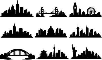 World Famous City Skyline Black Silhouette Set — New York, London, San Francisco, Sydney, Washington DC, Tokyo Cityscape Vector Collection © MinhajulIslam
