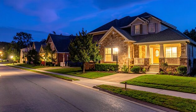 A street lined with suburban homes at dusk, illuminated by streetlights and interior lights, creating a warm glow