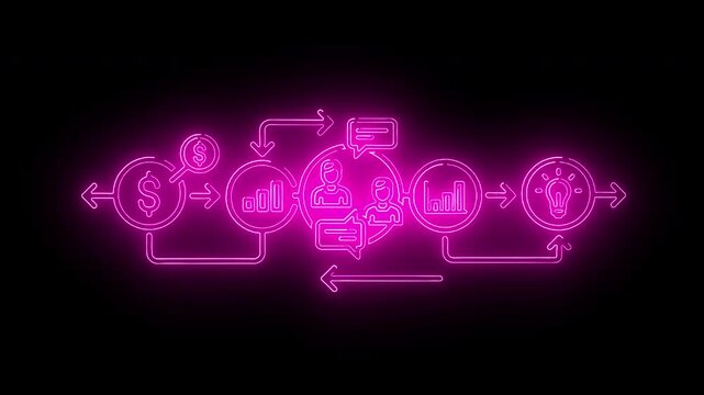 Neon pink flowchart with business icons on a black background with white space