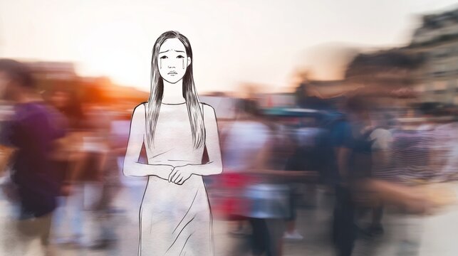 Einzelne Frau als gezeichnete Figur steht allein in verschwommener Menschenmenge
