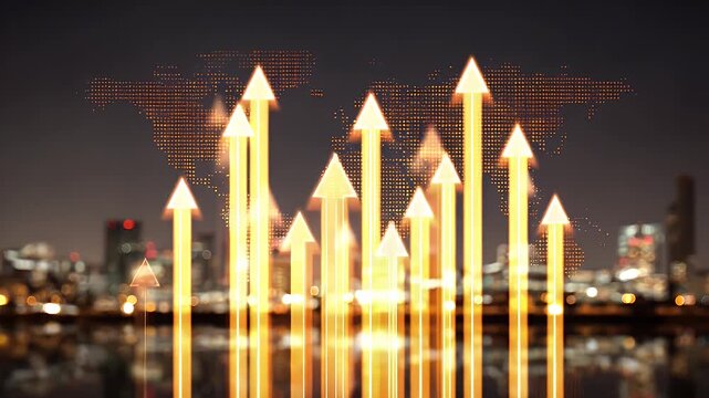 Global business growth and economic recovery with upward arrows rising over night city skyline background while world map illuminates financial success in international stock market trading.