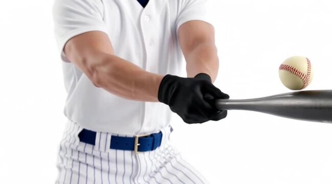 A baseball player in a white uniform swings a bat in a powerful motion during a video.