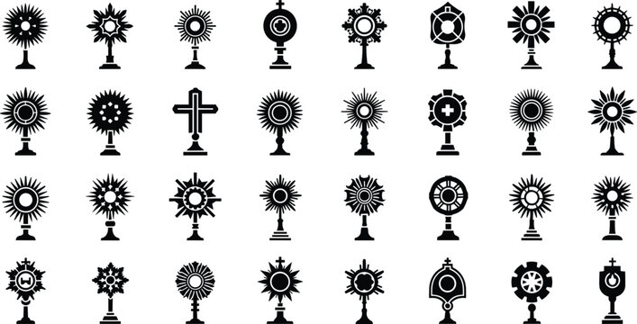 Eucharistic monstrance icon collection for religious worship ceremony black and white vector symbol