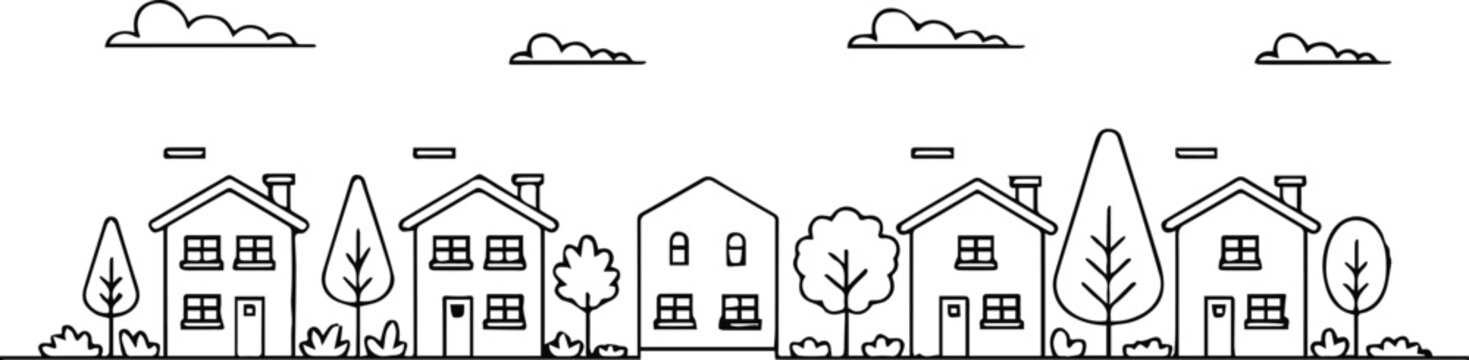 house line drawing of suburban neighborhood with trees and clouds