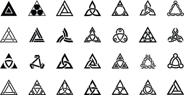 Geometric triangle knot symbols set with celtic trinity patterns and abstract interlocking ornaments