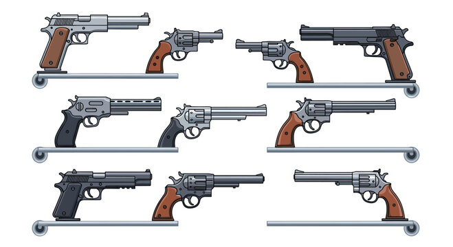 A comprehensive collection of various handguns and revolvers featuring different grip textures and barrel lengths is neatly arranged on industrial metal shelving units.