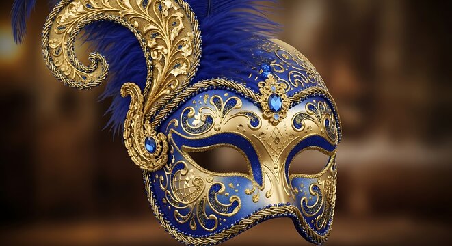 Venetian Masquerade Mask - Ornate Gold and Blue Carnival Elegance.