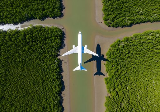 Commercial airplane landing on runway over green agricultural fields aerial view