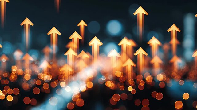 Glowing orange arrows pointing upward rise continuously against blurry urban cityscape background representing economic recovery business growth financial success and market expansion trends.
