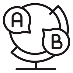 Minimalist black line vector icon of a globe with speech bubbles containing letters A and B, representing global language translation, international communication, and multilingual education. © Saad