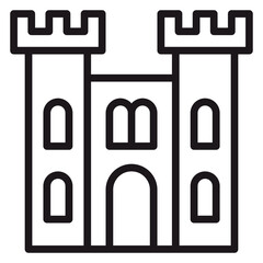 Medieval castle fortress vector icon with two towers, crenellated battlements, arched windows, and central gateway. Minimalist black line art illustration for architecture and history design. © Saad
