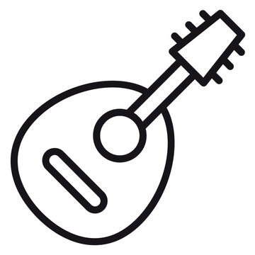 Minimalist black line vector icon of a mandolin or lute stringed musical instrument, isolated on white. Clean graphic symbol for folk music, acoustic performance, and classical orchestra design.