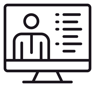 Vector icon of a computer monitor displaying a user profile with a list of details, representing online education, digital resume, or video conferencing, isolated on a white background.
