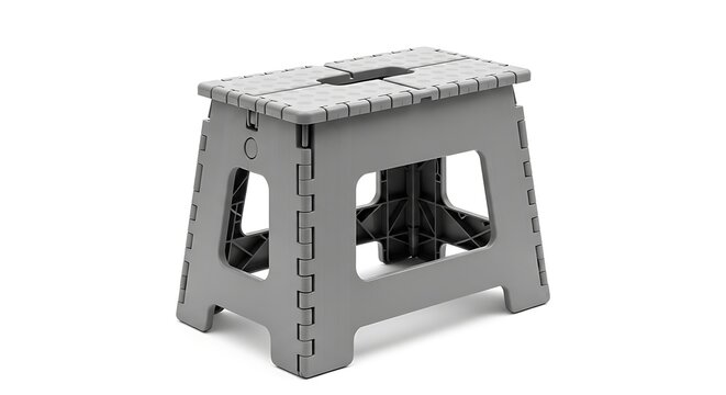 Grey plastic folding step stool with dotted texture on white background
