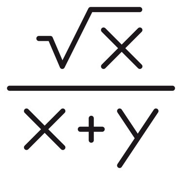 Mathematical formula vector icon featuring the square root of x divided by the sum of x and y, minimalist black line art illustration for algebra, science, education, and academic concepts.