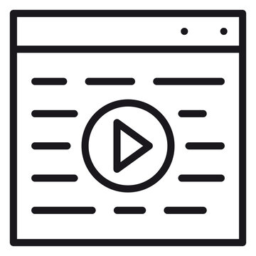 Black line vector icon illustration of a web browser window with a play button symbol in the center, representing online video streaming, digital media player, or web-based video content.