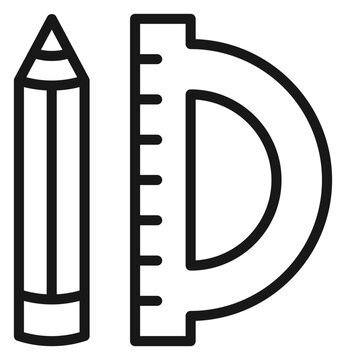 Minimalist black line vector icon illustration of a pencil and a protractor ruler, representing tools for drawing, drafting, geometry, architecture, design, and educational school supplies.