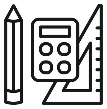 Minimalist black line art vector icon illustration of essential school and office supplies including a pencil, a calculator, and a triangle ruler set square for math, geometry, and design.