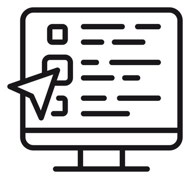 Minimalist black vector icon illustration of a computer monitor screen displaying a digital checklist, online survey, or task list with a mouse cursor pointer clicking a checkbox for selection.