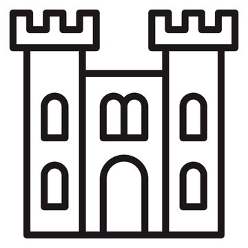 Medieval castle fortress vector icon with two towers, crenellated battlements, arched windows, and central gateway. Minimalist black line art illustration for architecture and history design.