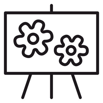 Minimalist Black Vector Icon of an Artist's Easel with a Canvas Displaying Flower Drawings, Simple Line Art Illustration for Creative Design, Art Education, and Hobbyist Projects