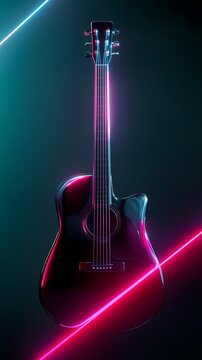Akustische Gitarre mit leuchtenden Neonlichtern auf dunklem Hintergrund
