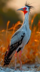 Obraz premium A crowned crane stands on one leg amidst tall grass at sunset, displaying its striking colors and unique feather patterns in a natural environment