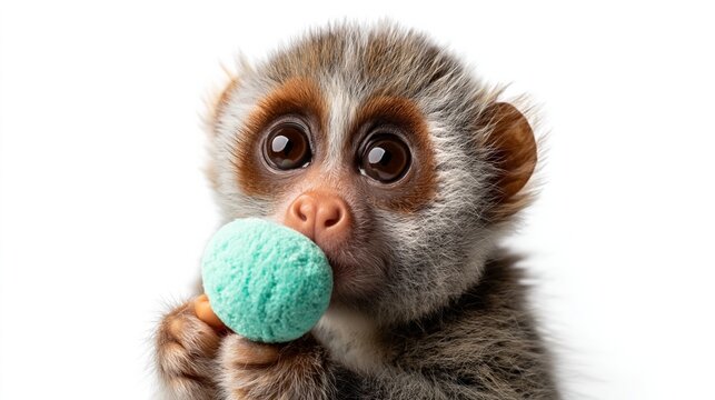 Young monkey holding a small green ball in its hands, with large expressive eyes and soft fur, isolated on a white background