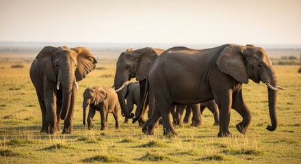 Fototapeta premium Herd of African Elephants Walking in Golden Grassland at Sunset