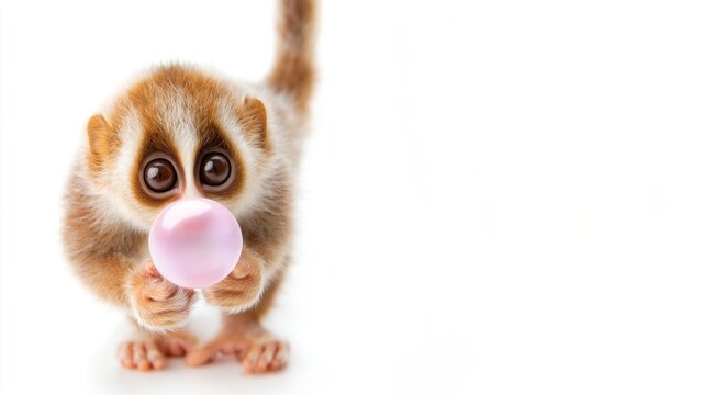 Niedlicher Slow Loris kaut auf einem Kaugummi auf wei&szlig;em Hintergrund