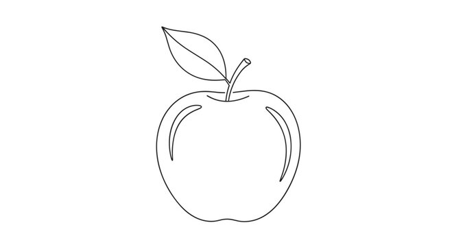 Clean black and white line drawing of a single crisp apple with a stem and one leaf featuring subtle curved highlights on a bright and minimalist surface.