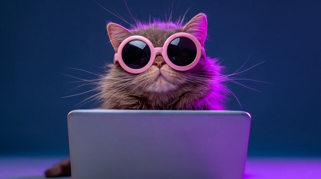 Cat wearing pink sunglasses sits in front of a laptop with a colorful background, showcasing a playful and trendy pet lifestyle in a modern setting