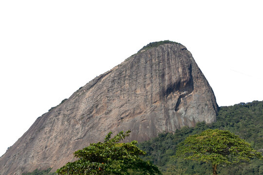 Sugarloaf Mountain rock formation, Rio de Janeiro, Brazil. Granite monolith with isolated forest against a transparent background.